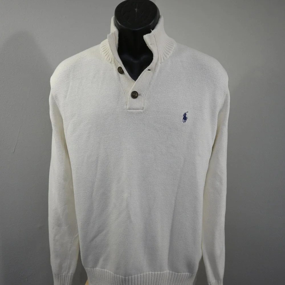 Polo Ralph Lauren Knit Sweater Mens XL Cream Mock Neck Cotton Pullover 3 Button